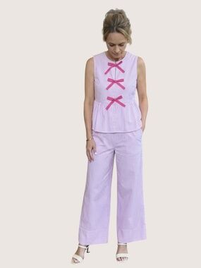 Pink Stripe Bow Detail Matching Set | Sleeveless Peplum Top & Wide Leg Pants